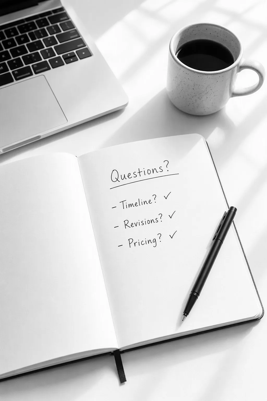 Open notebook on a bright desk with a handwritten list: Questions? Timeline? Revisions? Pricing?, next to a laptop and a cup of coffee