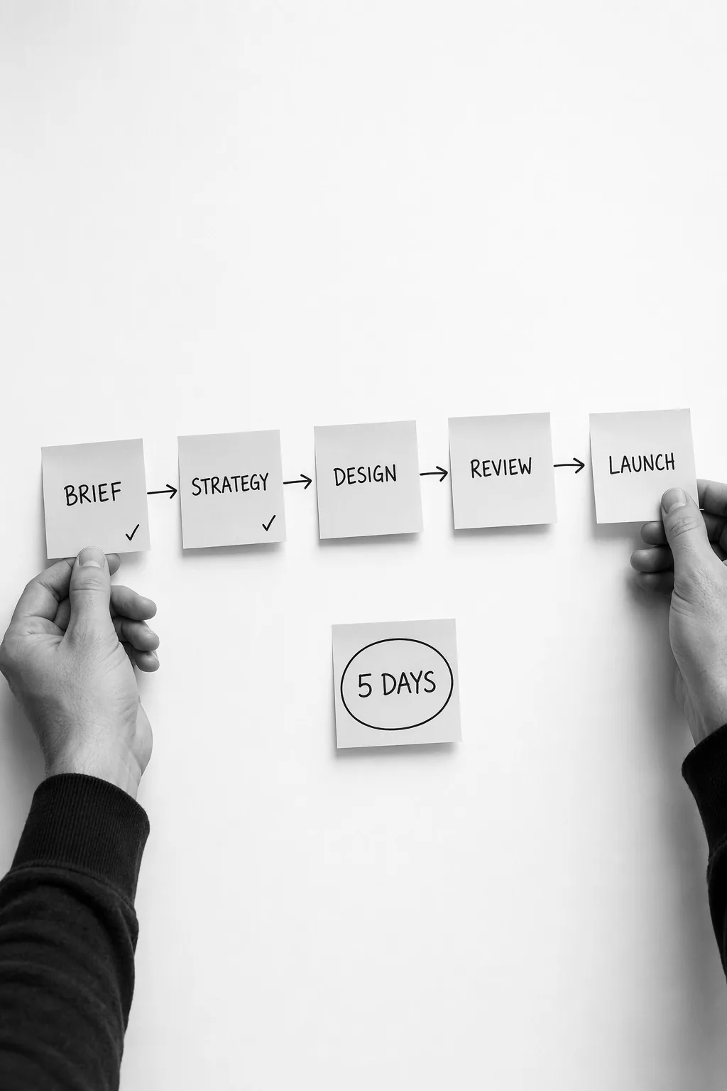 Hands arranging printed layout cards on a light table